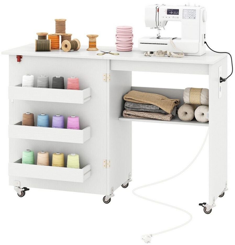 Costway 2 in 1 Nähtisch klappbar mit Ladestation Regalen & abschließbaren Rädern Nähmaschinentisch Nähschrank Basteltisch Holz Weiß ab 98,09 € (Oktober 2026)