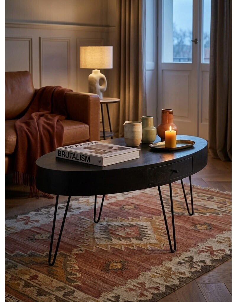 KADIMA DESIGN Couchtisch oval Mango-Massivholz mit Schublade, Haarnadelbeine, 100x50x40cm ab 204,95 € (Oktober 2026)