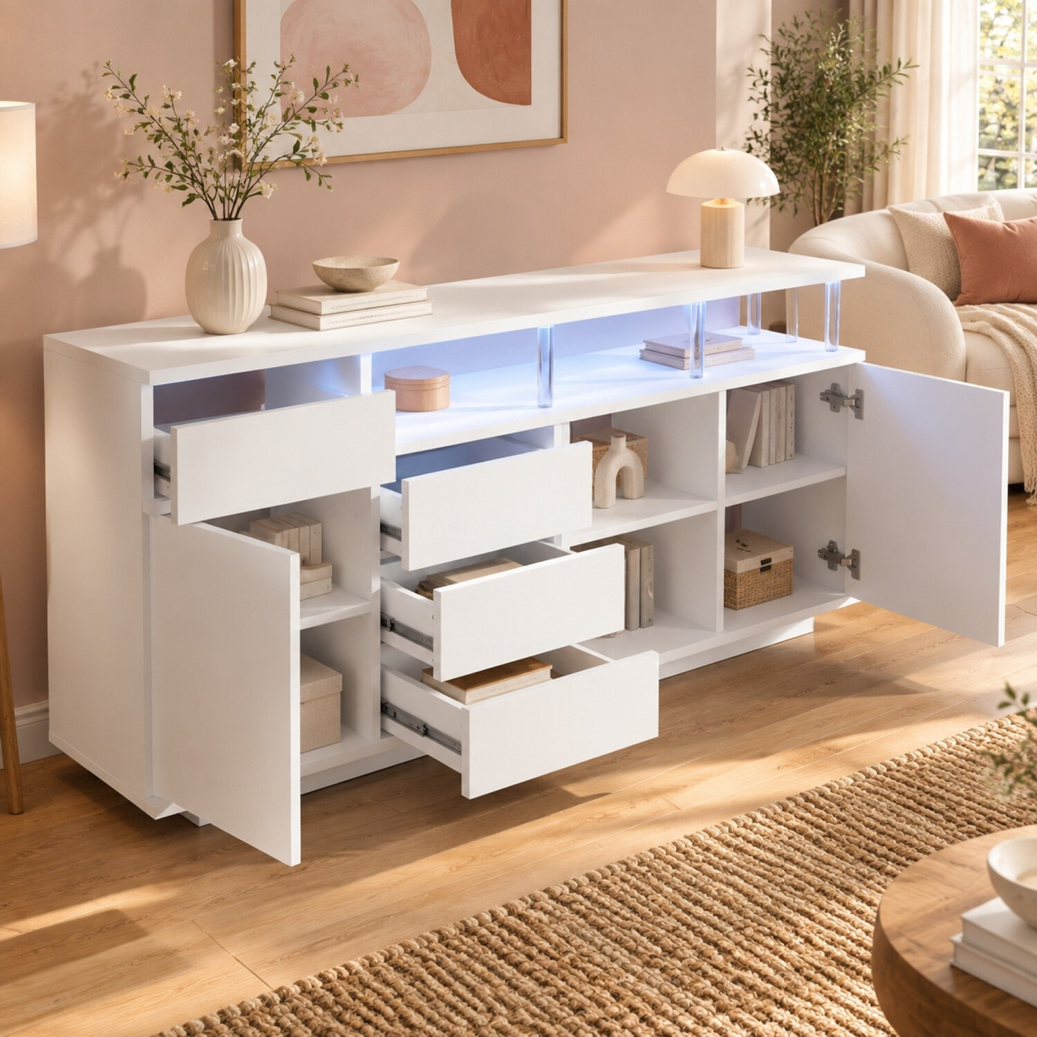 OKWISH Sideboard weiß 160×40×75cm, 4 Schubladen, 2 Türen, LED, MDF & Acryl ab 205,99 € (Oktober 2026)