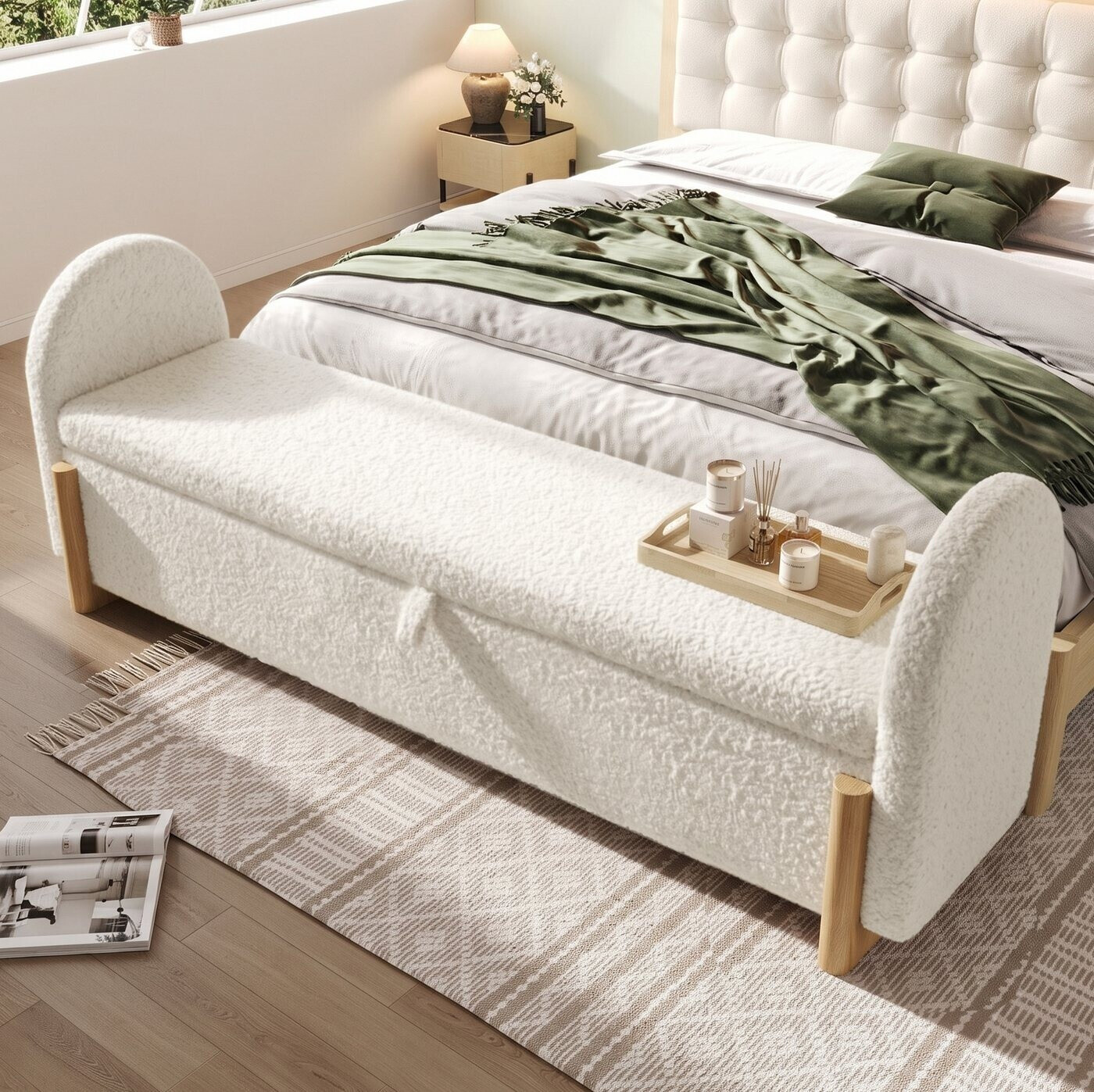 MODFU Bettbank mit Stauraum, Bouclé, weiß, 146×47×61cm, Soft-Close, Holzbeine ab 235,99 € (Oktober 2026)