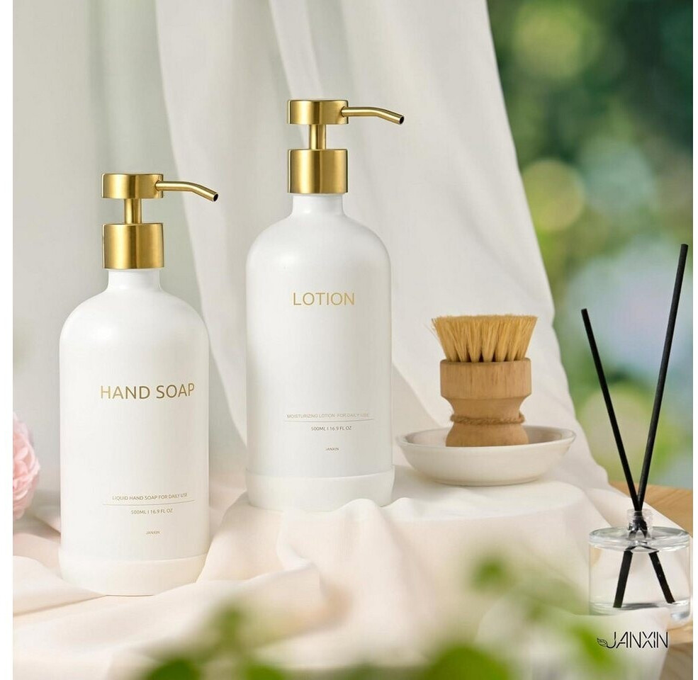 LuxusKollektion Seifenspender-Set aus Glas 500ml mit Keramiktablett, weiß/gold ab 66,99 € (Oktober 2026)