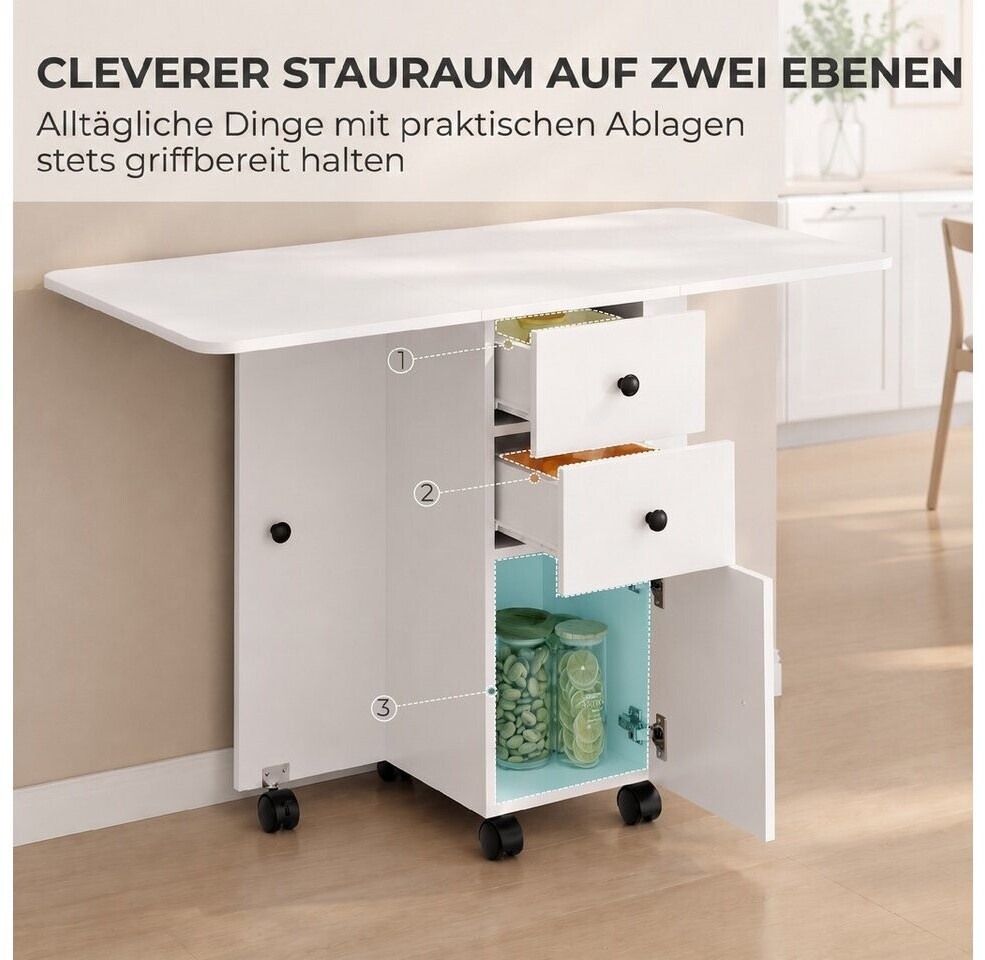 HomCom Klapptisch mit Rollen und Schubladen, 4-Sitzer, 120x60x76,5cm, weiß ab 79,99 € (Oktober 2026)