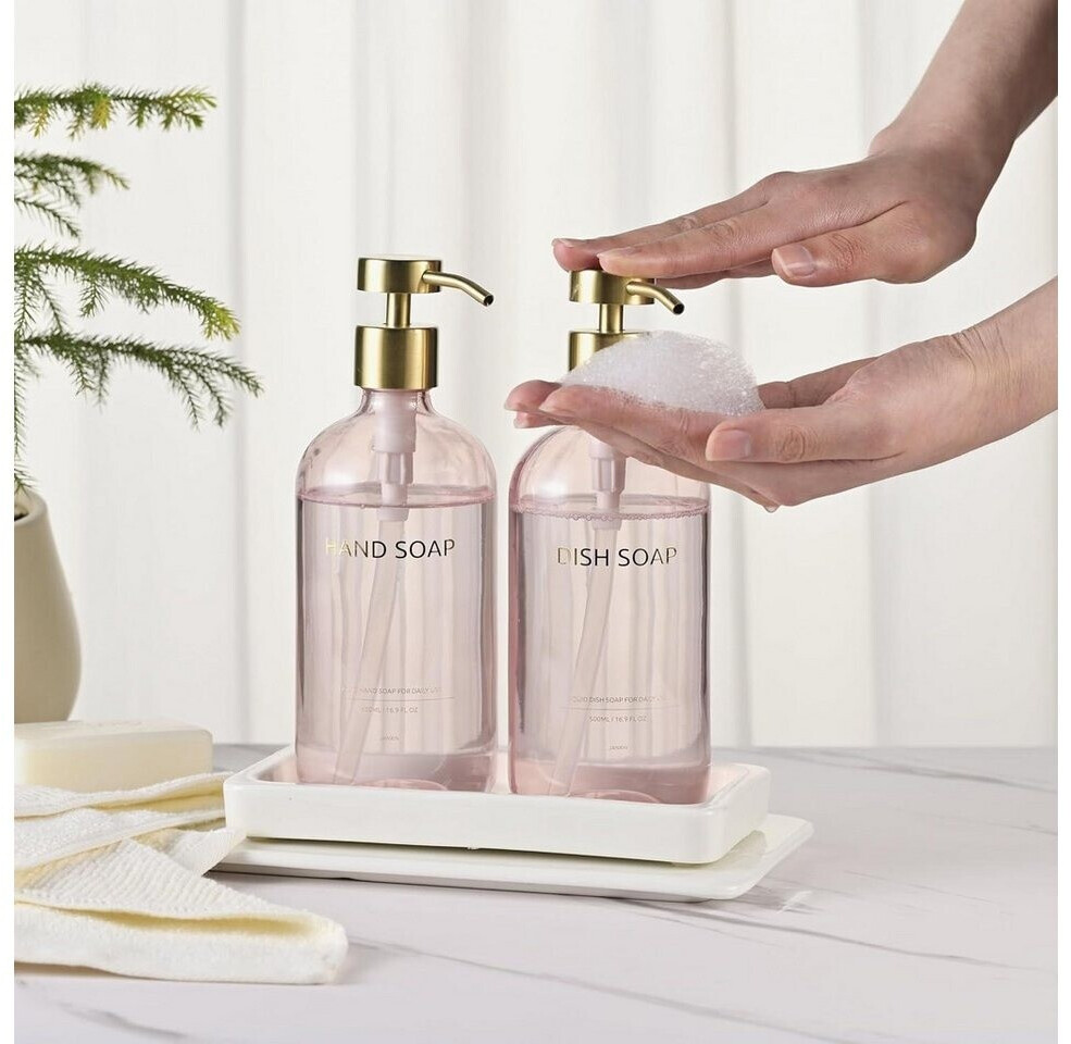 LuxusKollektion Seifenspender-Set Glas, rosa, 500ml, mit Tablett, 2-teilig ab 62,99 € (Oktober 2026)
