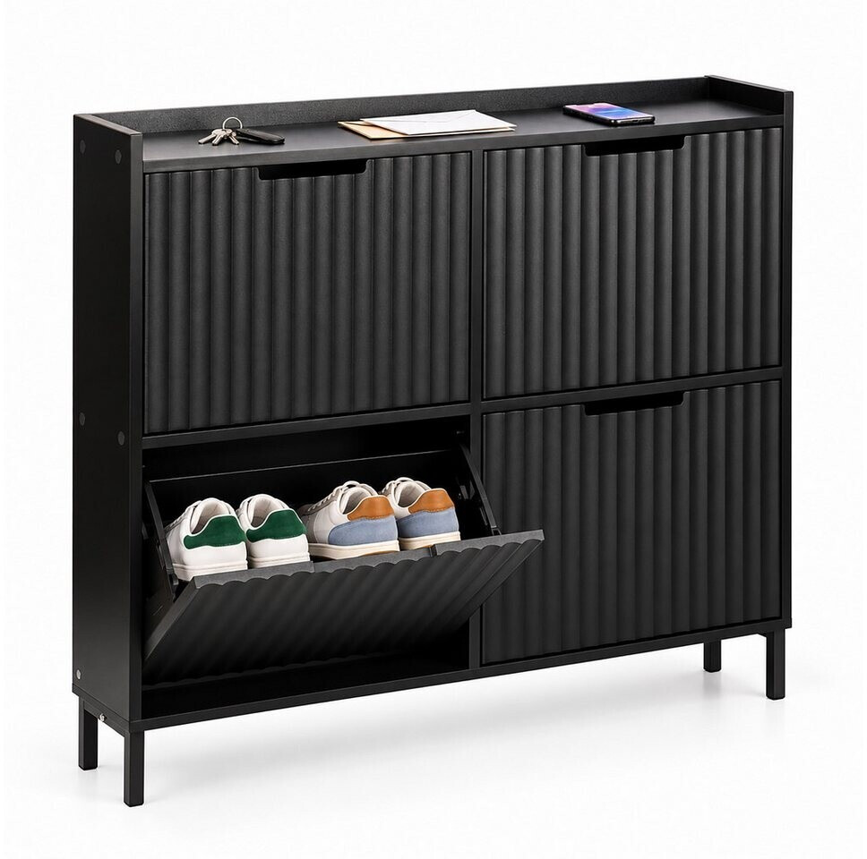 Relaxdays Schuhkipper 4 Fächer, geriffelte Front, schwarz, 90x100x19cm (MDF/ Metall) ab 91,19 € (Oktober 2026)
