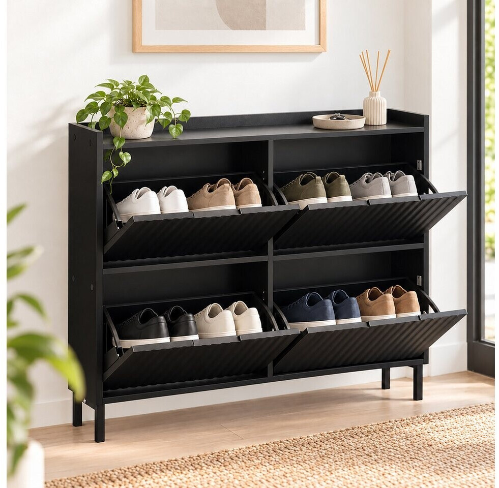 Relaxdays Schuhkipper 4 Fächer, geriffelte Front, schwarz, 90x100x19cm (MDF/ Metall) ab 91,19 € (Oktober 2026)