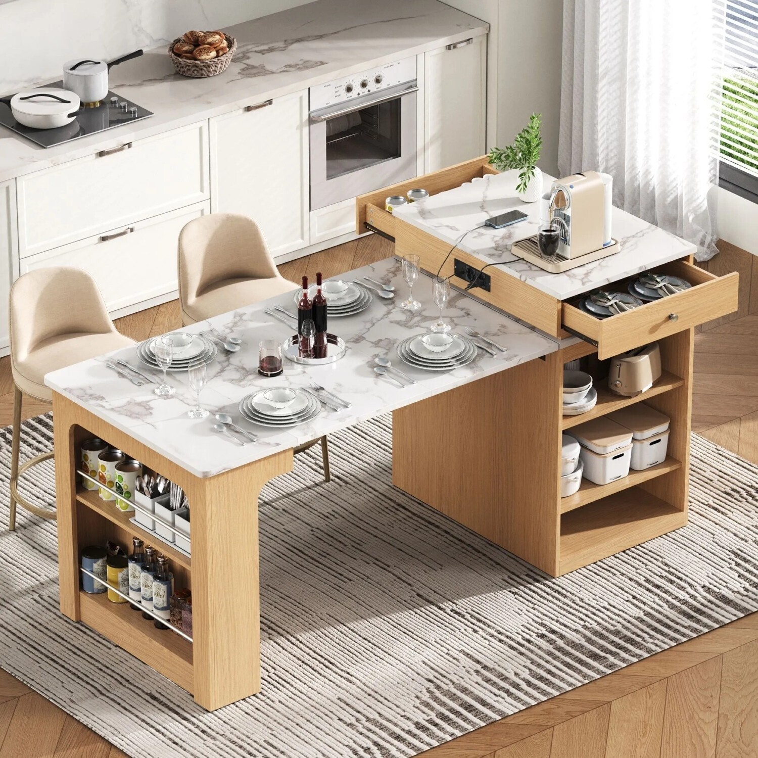 OKWISH Ausziehbarer Esstisch mit Steckdosenleisten und Schubladen 80x71x92cm ab 215,99 € (Oktober 2026)