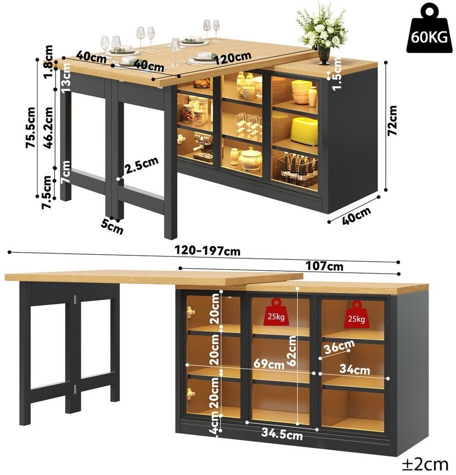 Stilvora Ausziehbarer Esstisch mit Seitenschrank, 360° drehbar, Farblichtsystem, schwarz (KABQT7YM1OP) ab 229,99 € (Oktober 2026)