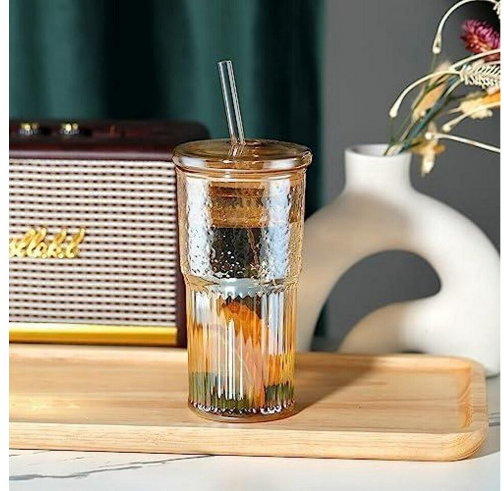 LuxusKollektion Geripptes Trinkglas mit Deckel & Strohhalm 650ml bernstein, 2er-Set ab 67,99 € (Oktober 2026)
