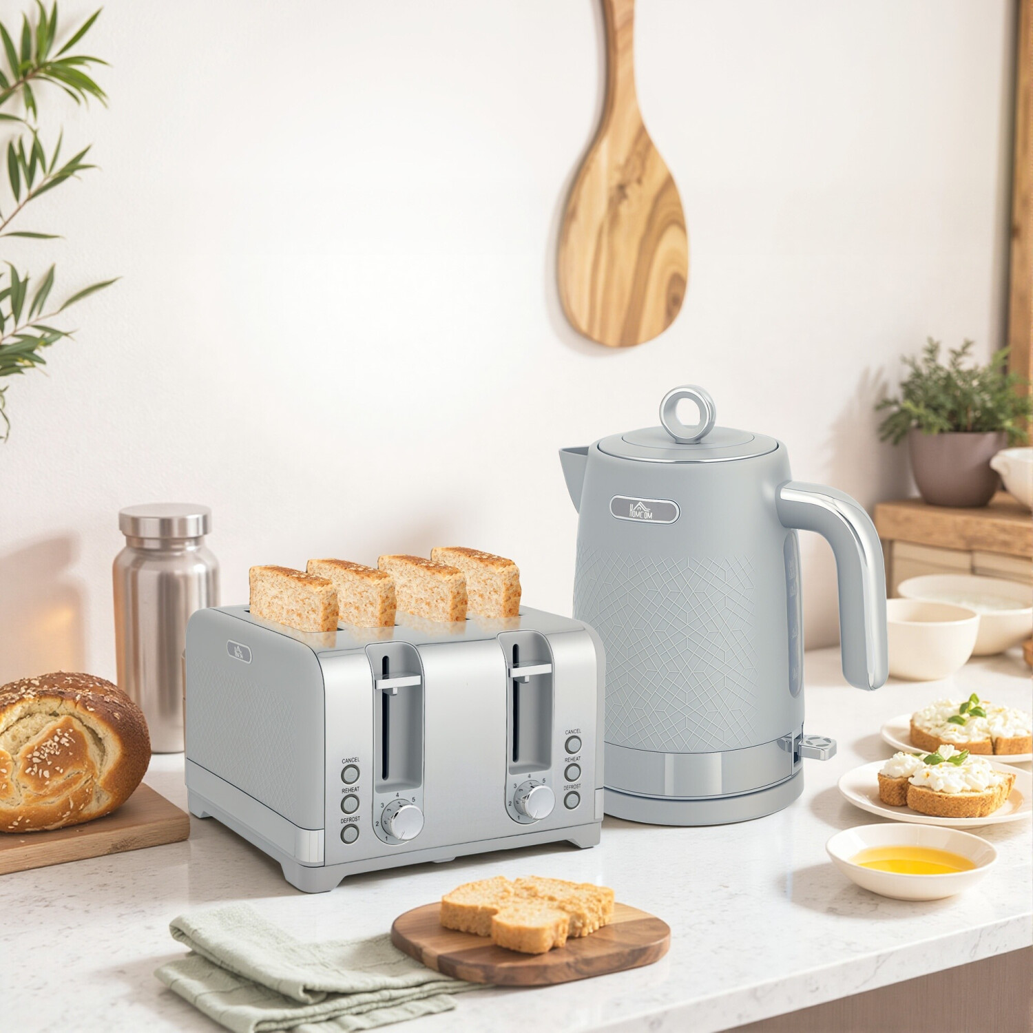 Toaster Photo Buy HomCom Kettle & 4-Slice Toaster Set 1.7L 3000W, grey (800-288V70GY ...