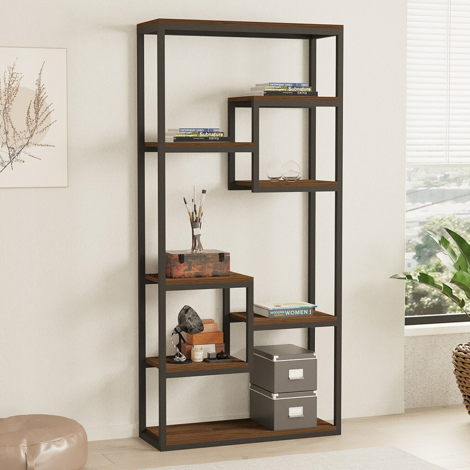 Concept Usine Lopa Étagère haute style industriel, noyer/noir, 182cm ...