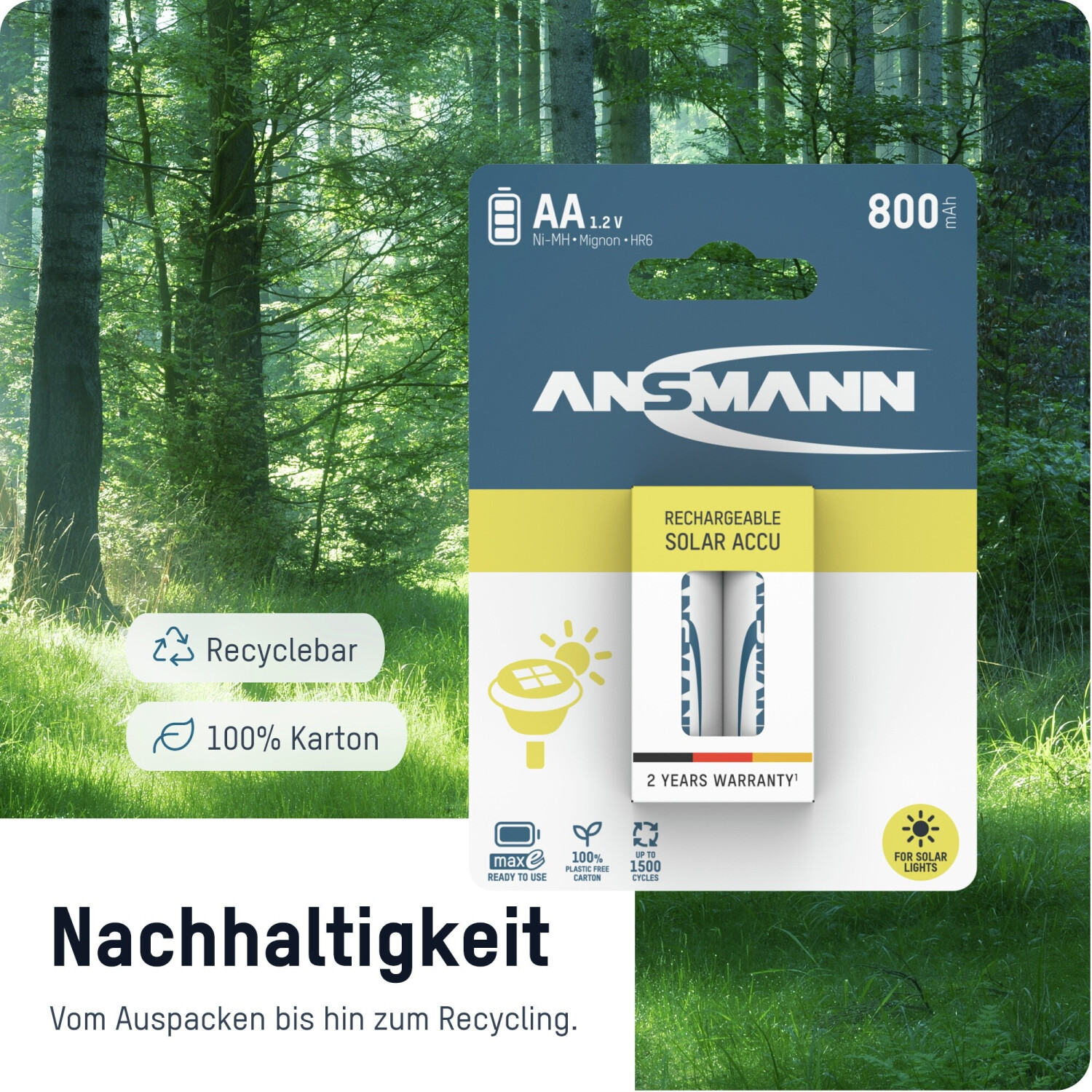 Piles Solaires Rechargeables ANSMANN AA 800 MAh - Lot De 6, Pour Lampes De Jardin, Décorations Solaires | Sans Effet Mémoire