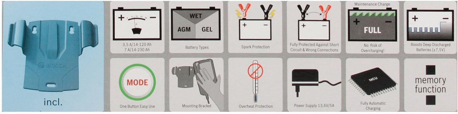 Bosch Automotive C7 Caricabatterie Intelligente E Automatico 12V-24V / 7A,  Per Batterie Al Piombo-Acido, Auto E Veicoli Commerciali Leggeri :  : Auto e Moto