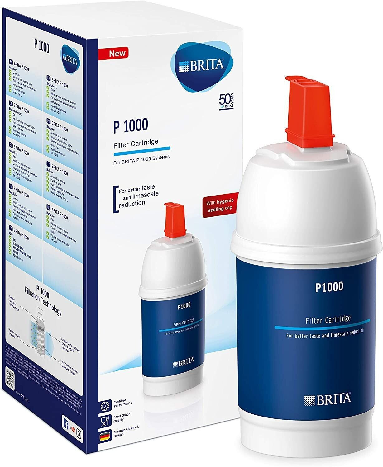 BRITA Cartucho de filtro de repuesto P1000 para grifos de filtro BRITA,  reduce el cloro, la cal y las impurezas
