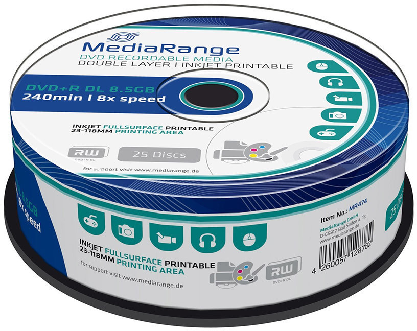 MediaRange DVD+R 8,5Gb DL 270min 8x Inkjet fullprintable 25er Cakebox