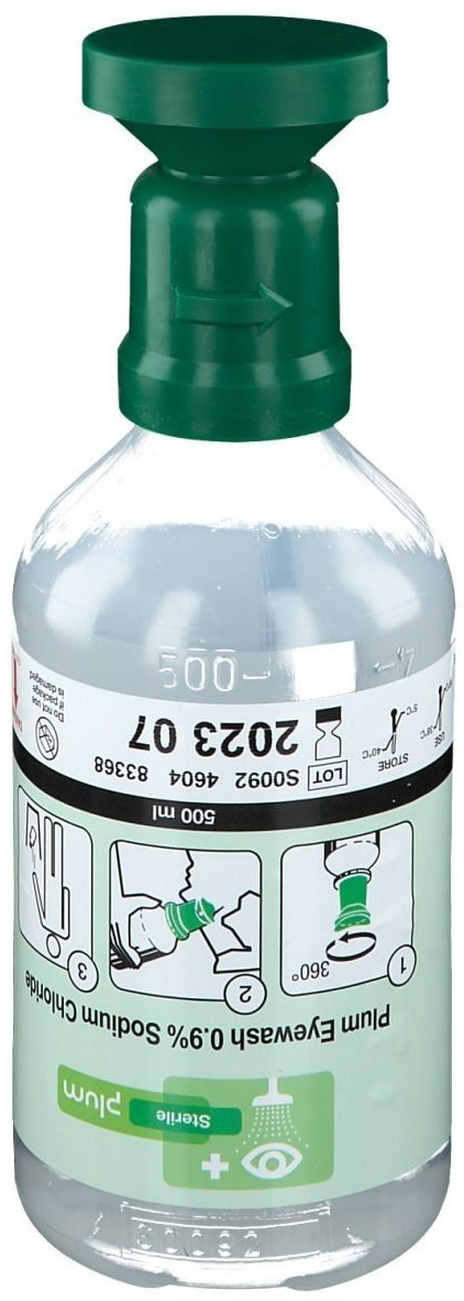 PLUM Augenspülflasche, ergonomisch, Natriumchloridlösung, 500 ml, DIN  15154-4