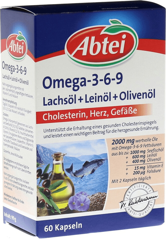 Abtei Omega 3 6 9 Lachsöl + Leinöl + Olivenöl Kapseln (60 Stk.) ab 5,37
