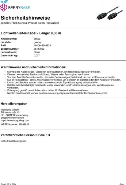 Goobay AVK 216-0050 Toslink-Kabel (0,5m), Bild 5
