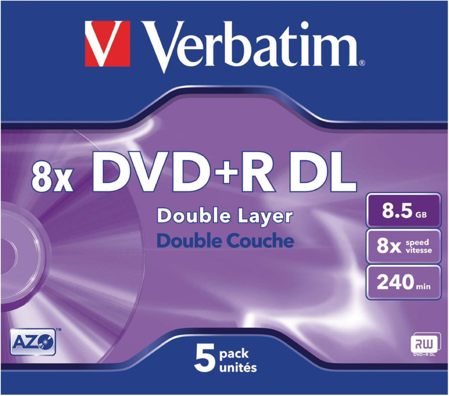 VERBATIM 43540 Lecteur DVD Vierge DVD+RW 8,5Go, DVD+R, 120 mm, 1 pièce(s),  240 Min, Polycarbonate : : Informatique