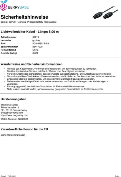 Goobay AVK 216- Toslink-Kabel, Bild 4