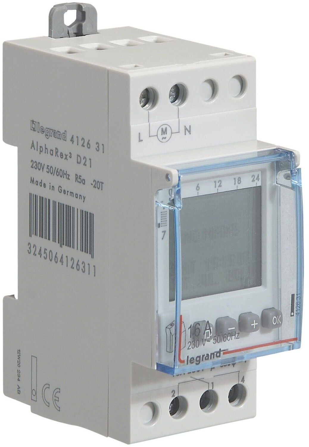 Interrupteur horaire digital modulaire programmable journalière ou  hebdomadaire - 1 sortie 16A 250V alimentation 230V - 412631 - LEGRAND