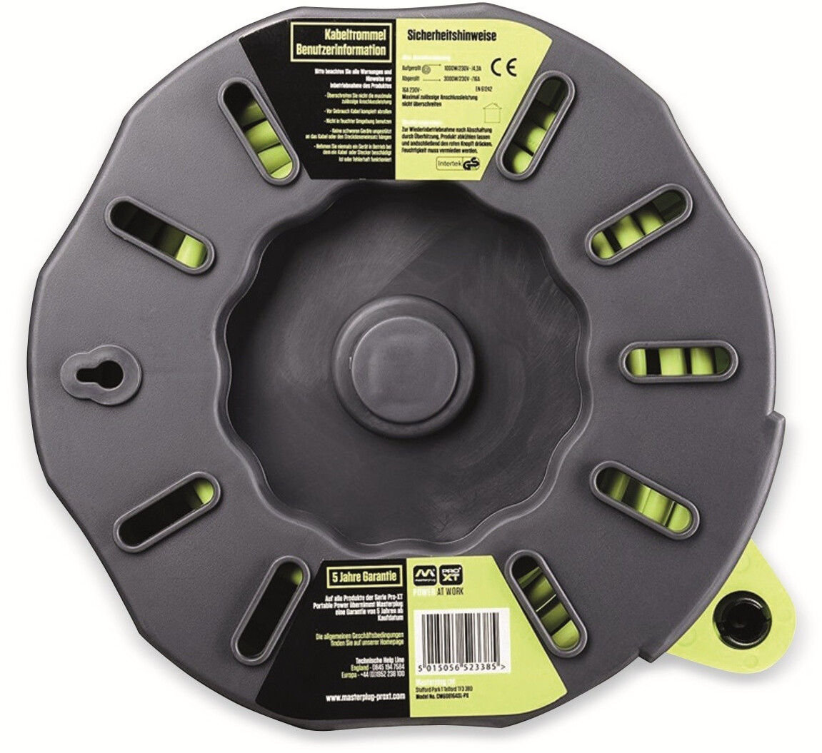 Enrouleur Câble Masterplug Pro-XT 30m - Prise IP44 Extérieur, Câble Haute Visibilité
