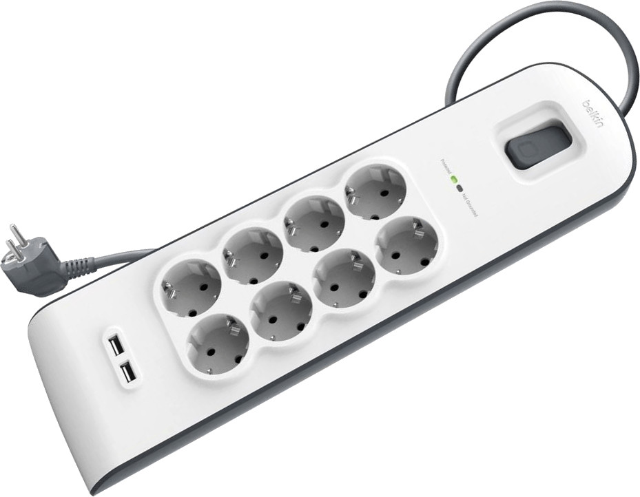 Multiprise Parafoudre 8 Prises 2P+T Interrupteur 2 USB 2,4A 2m Blanc Gris -  BELKIN - Mr.Bricolage
