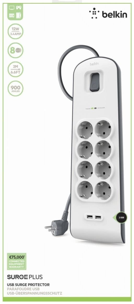 Belkin Multiprise/Parafoudre 8 prises + 2 ports USB - cordon de 2m