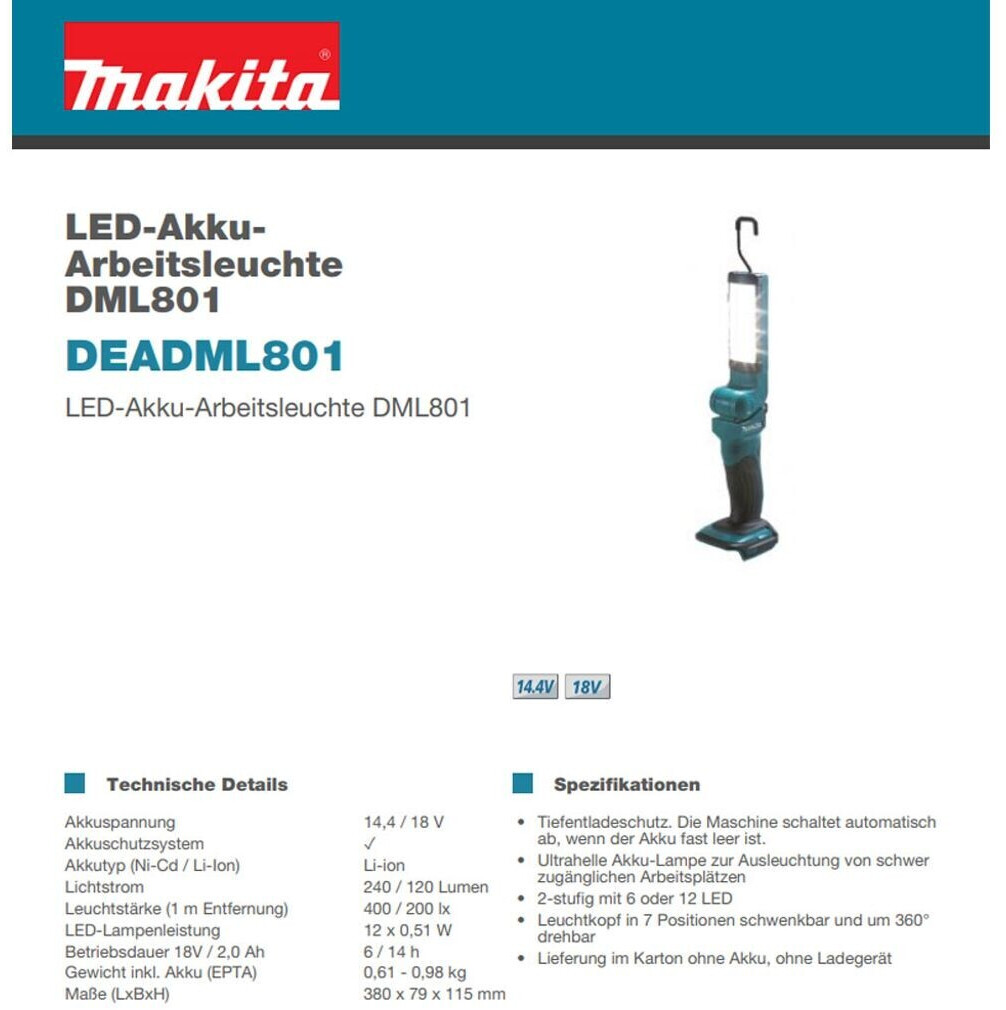 MAKITA, Lampe LED 14,4V /18V 400 lX Solo