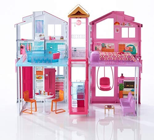 Barbie Mobilier Grande Maison de poupée de Luxe à 2 étages et 4 pièces dont  cuisine, chambre, salle de bain et accessoires, jouet pour enfant, DLY32