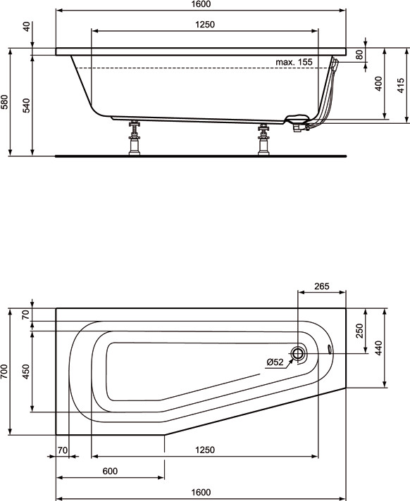 Ideal Standard Hotline Raumspar Badewanne 160 x 70 cm ...