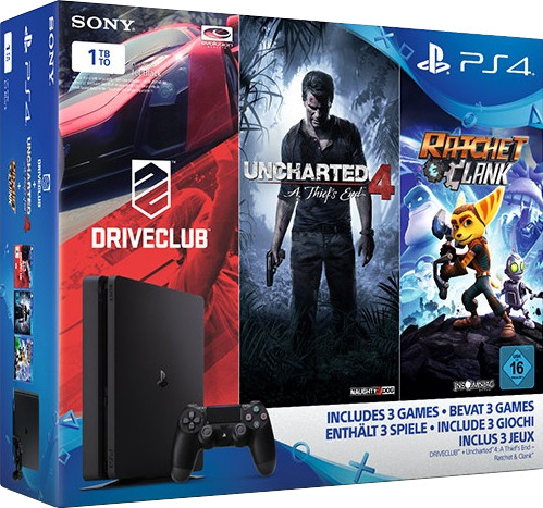 Sony PlayStation 4 (PS4) Slim 1TB + DriveClub + Uncharted 4: A Thief's End + Ratchet & Clank