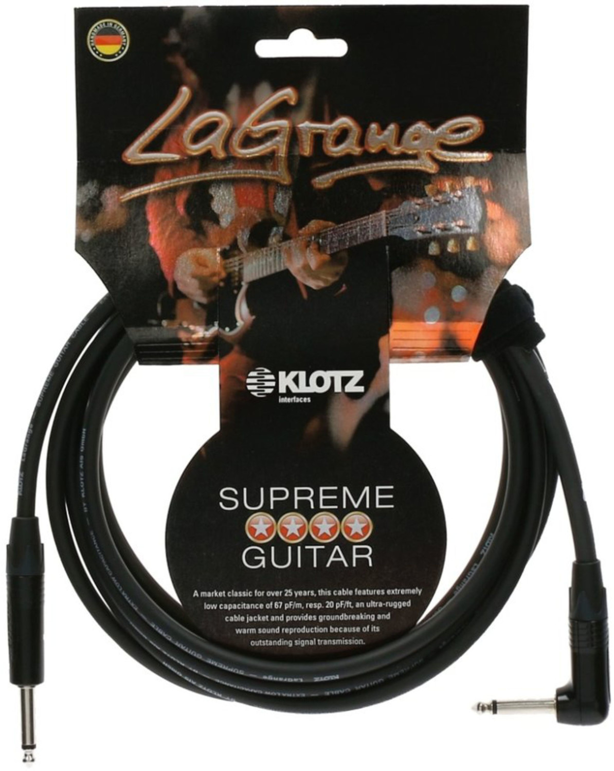 Klotz Gitarrenkabel LaGrange 9m, 6,3mm Neutrik Winkelklinke/Klinke LAPR0900