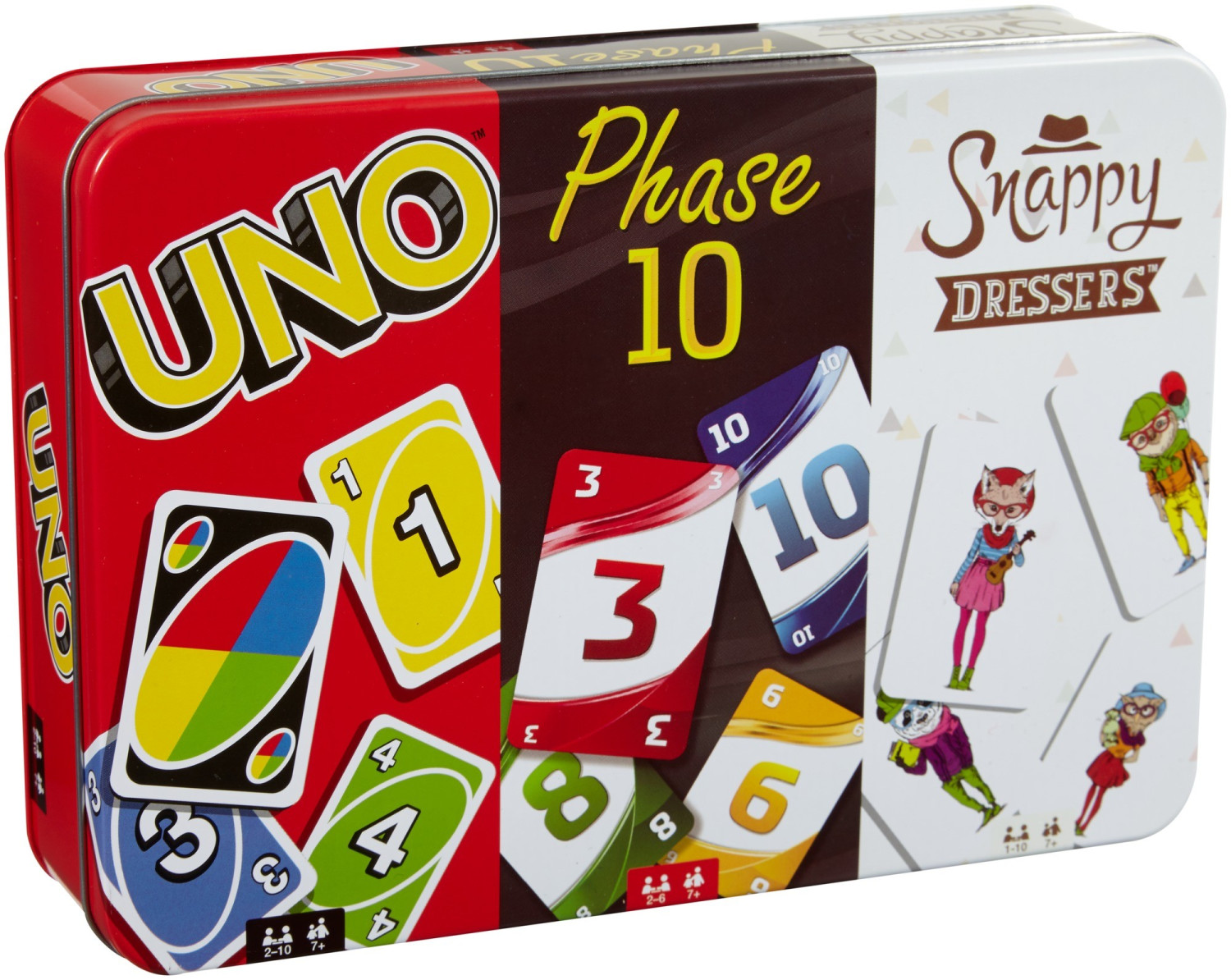 Mattel FFK01 Kartenspiele Spielesammlung in Sammlerdose UNO, Phase 10