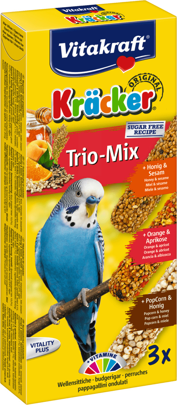 Vitakraft Kräcker Trio-Mix miel/orange/popcorn pour perruches