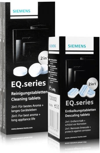 SIEMENS Reinigungsset für Siemens EQ Series Kaffeemaschinen: 10  Reinigungstabletten (TZ80001A) + 3 Entkalkungstabletten (TZ80002A) mit  praktischer Reinigungsbürste für Kaffeevollautomaten : : Küche,  Haushalt & Wohnen