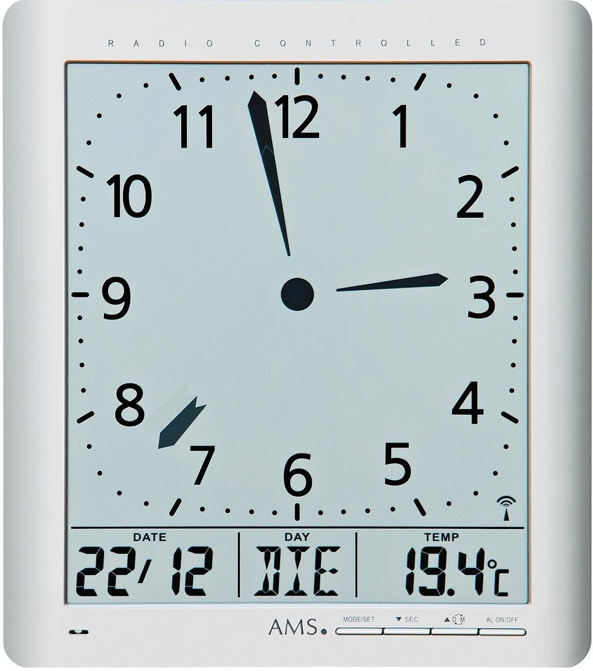AMS 5898 Wanduhr Tischuhr Funk digital silbern Datum Thermometer Weckfunktion