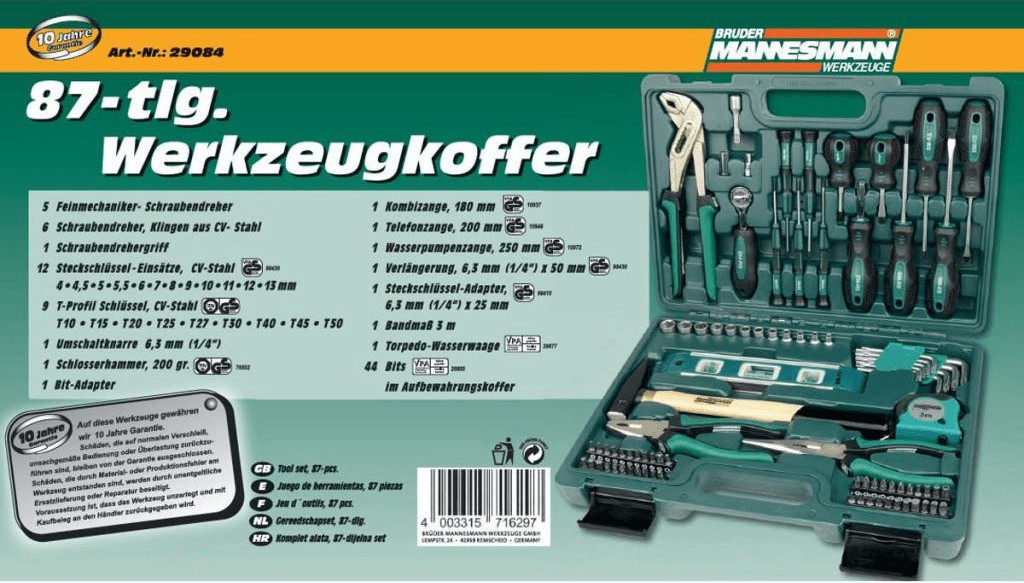 Brüder Mannesmann Werkzeuge 87 piezas) maletín de herramientas, 1 pieza,  m29084 + M29166 Maletín con juego de llaves de vaso y puntas de