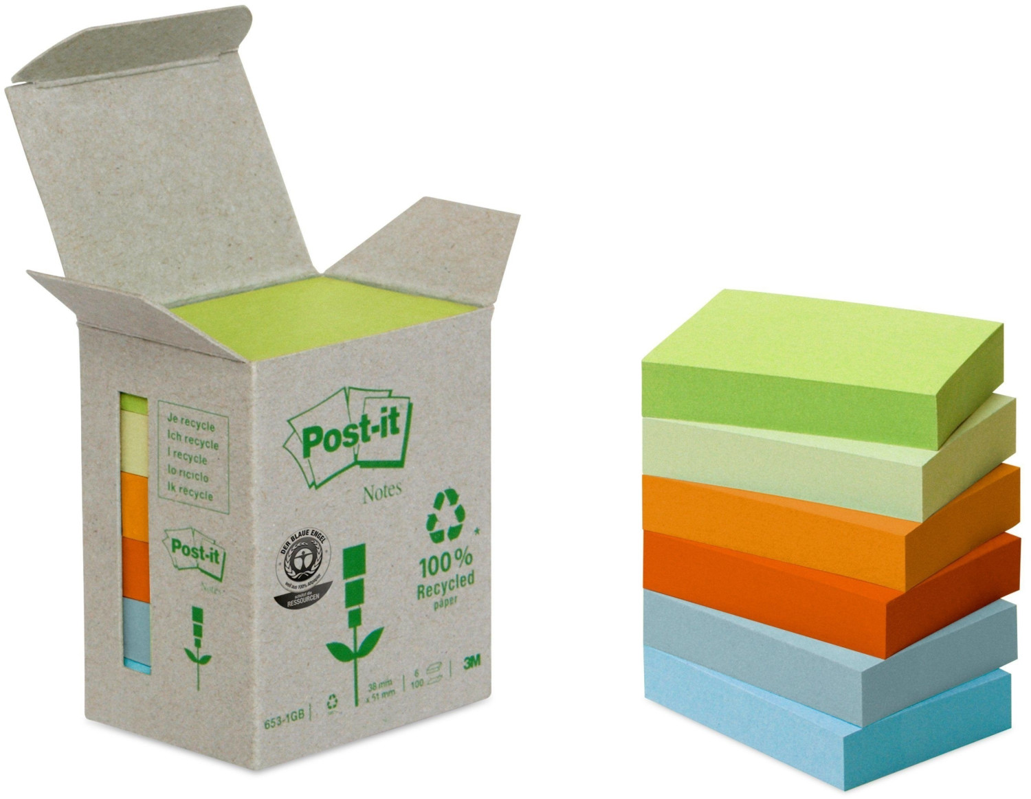 Post-it 653-1RPT Haftnotiz Recycling Pastell Rainbow Notes Tower (38 x 51  mm, 80 g) 100 Blatt á 24 Block, Farblich sortiert : : Bürobedarf &  Schreibwaren