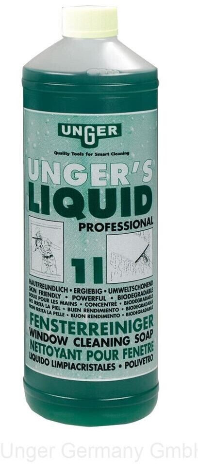 UNGER Limpiacristales líquido (1 litro, concentrado, proporción de mezcla  1:100, pH neutro, cristal sin rayas, tapón de seguridad, escala de
