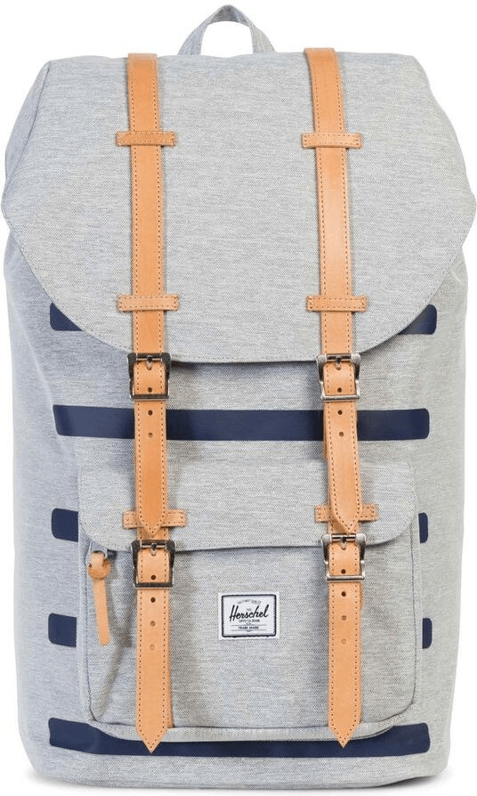Herschel Little America Backpack light grey crosshatch stripe/veggie tan leather