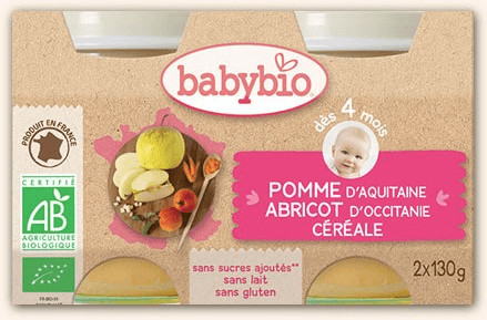 Babybio Fruits - Pomme d'Aquitaine, abricot du Roussillon & céréales (2x130 g)