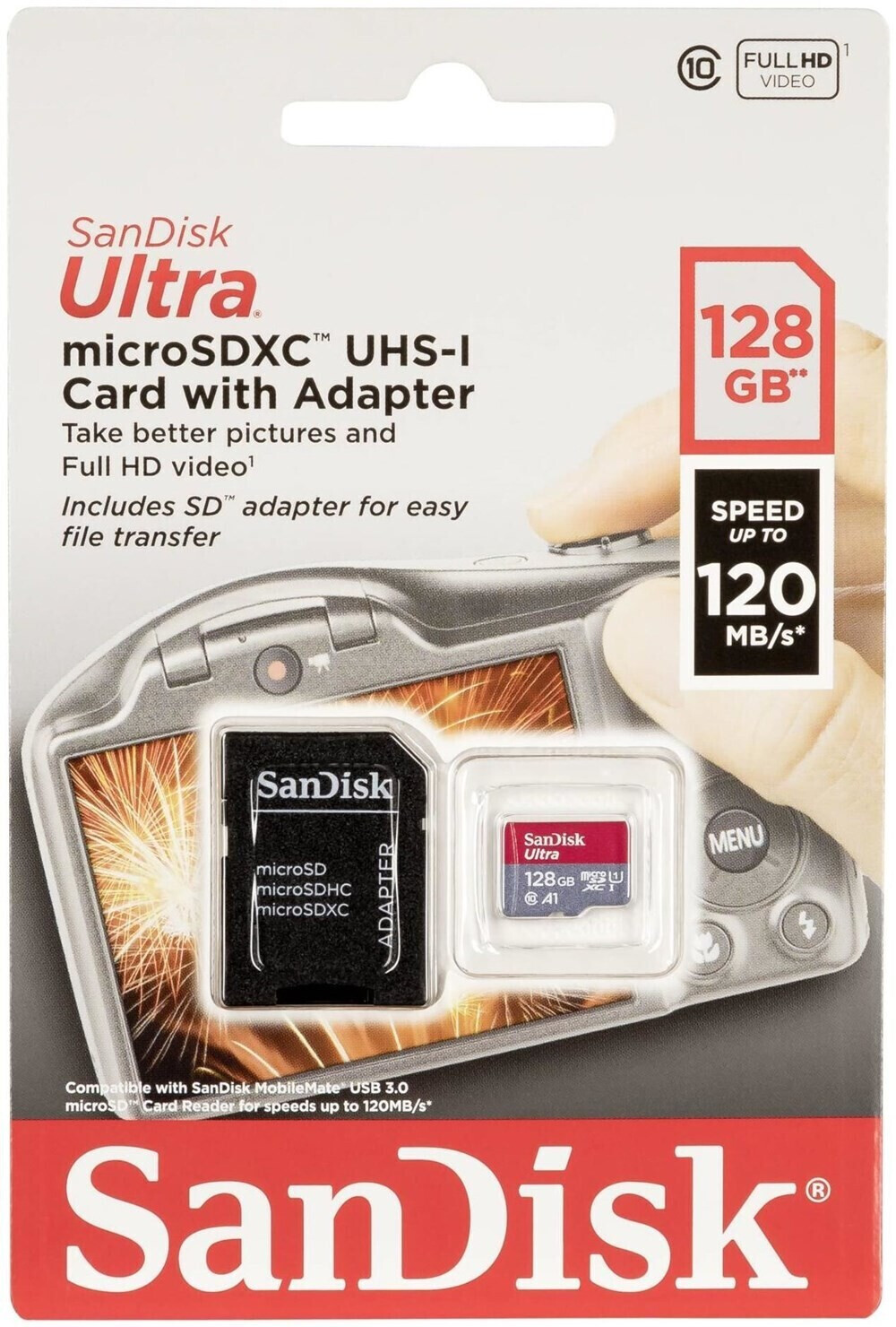 Carte mémoire micro SD Sandisk SanDisk - Carte mémoire Ultra Android  microSDXC 128GB + SD Adapter + Memory Zone App 100MB/s A1 Class 10 UHS-I -  SDSQUAR-128G-GN6MA