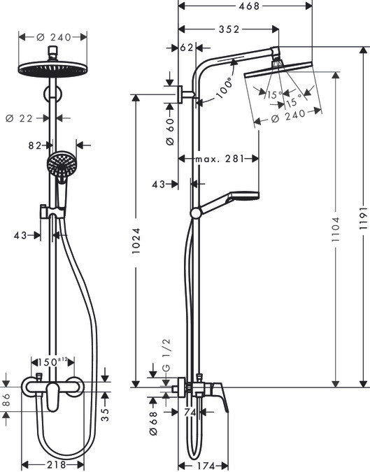 Colonne de douche sans robinetterie, HANSGROHE Lmh s240, Chromé