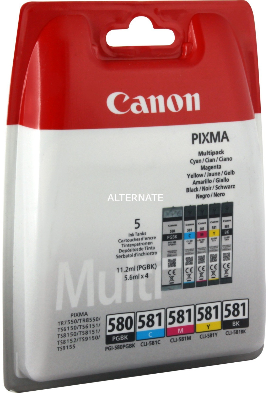 Canon PGI-580 PGBK/CLI-581 CMYBK Multipack - Pack de 5 - noir, jaune, cyan,  magenta - original - coque avec sécurité - réservoir d'encre - pour PIXMA  TS6251, TS6350, TS6351, TS705, TS8252, TS8350