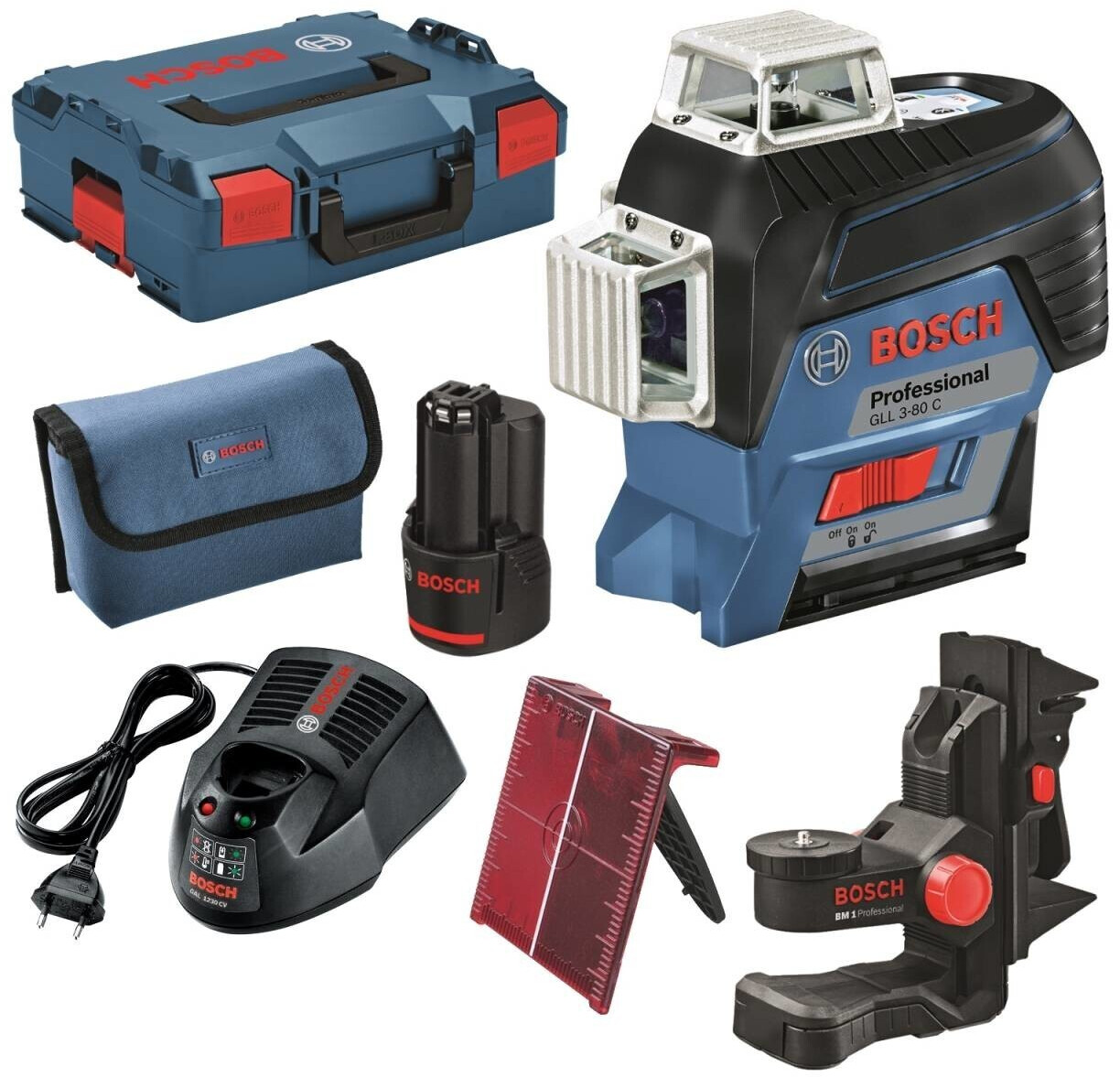 Bosch Professional Niveau Laser Lignes GLL 3-80 C (laser rouge, pour  l'intérieur, avec fonction d'application, portée : jusqu'à 30 m, 4 piles AA)