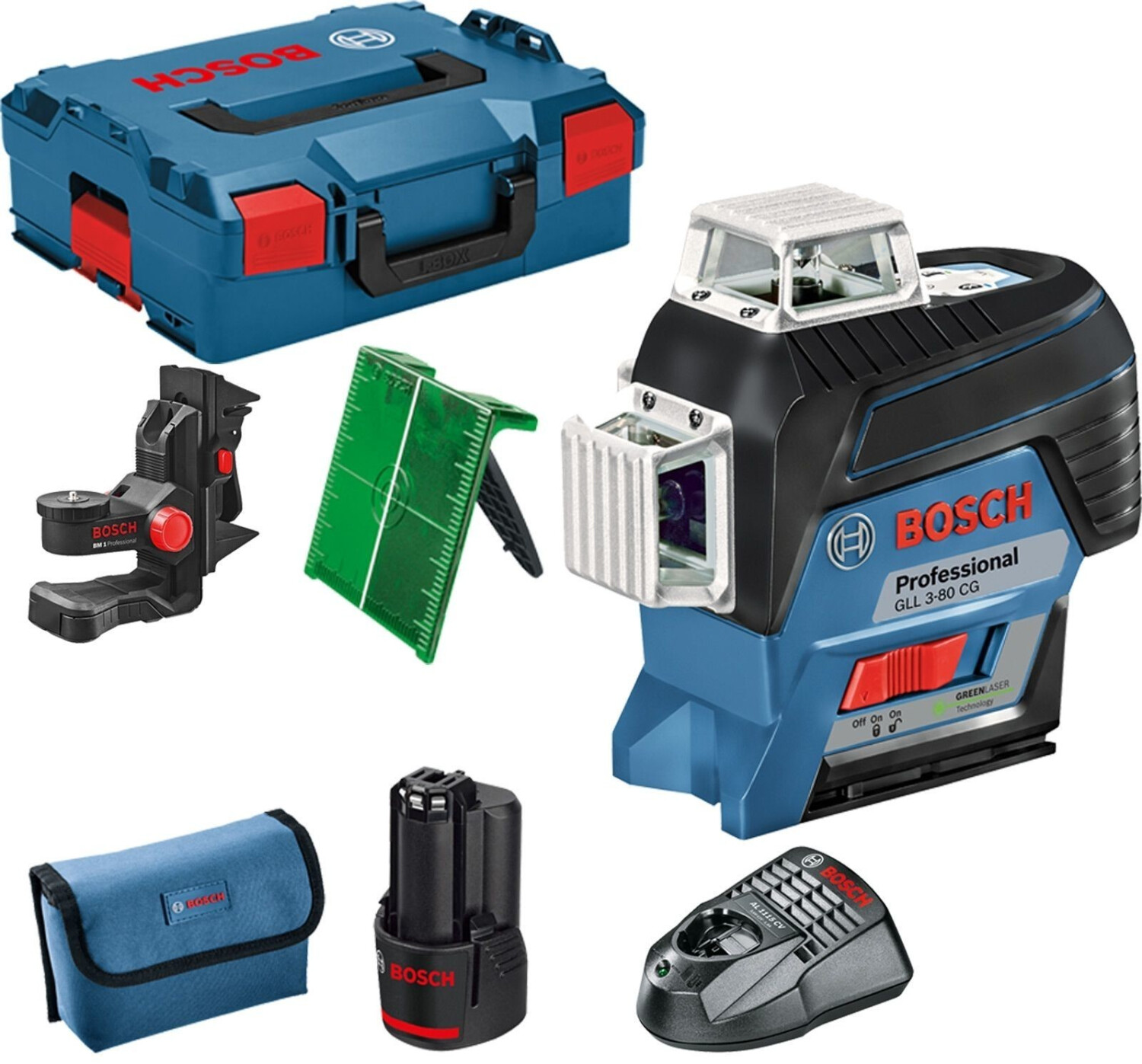 Bosch Professional 12V System nivel láser GLL 3-80 CG (2 baterías de 12 V,  cargador, láser verde, función de aplicación, soporte, alcance: hasta 30 m