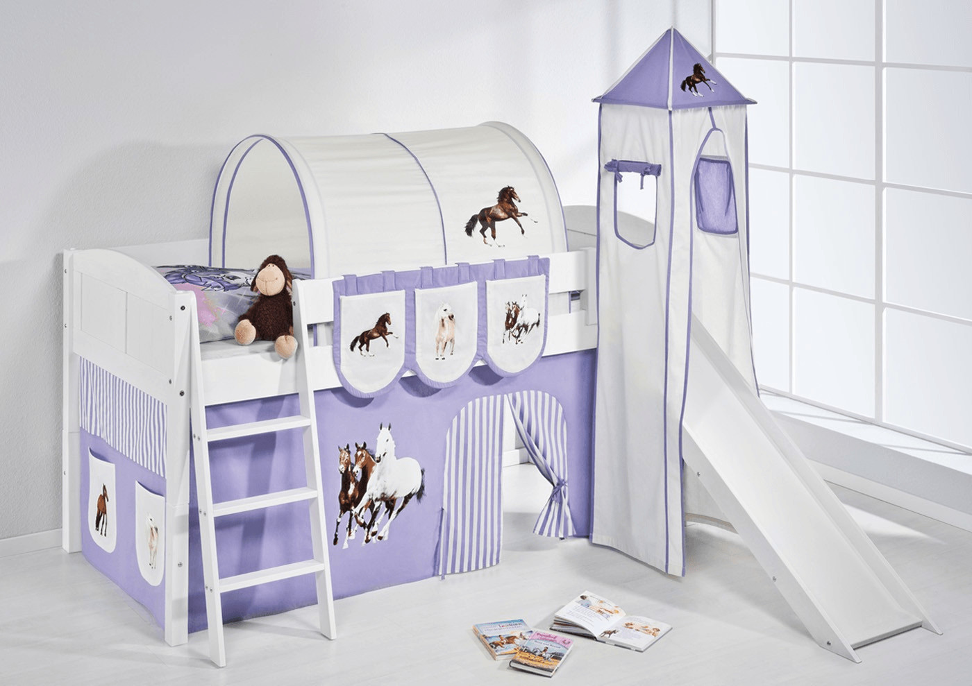 Lilokids Play Bed IDA with tower and pine incl. curtain (Horses violet/white)