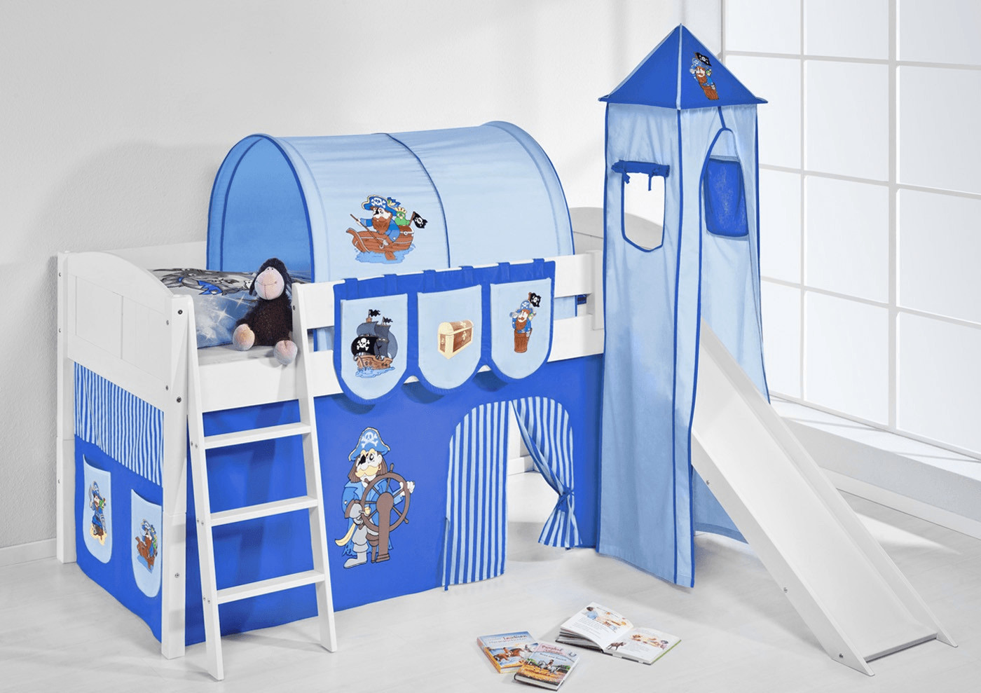 Lilokids Play Bed IDA with tower and pine incl. curtain (pirates blue/white)