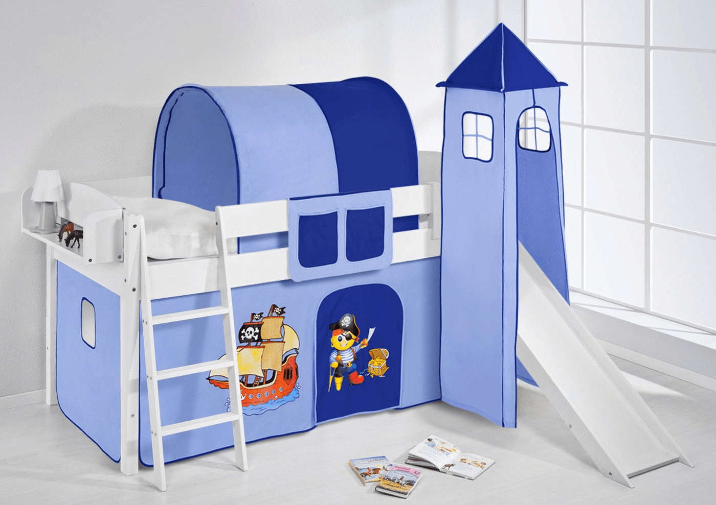Lilokids Play Bed IDA with tower and pine incl. curtain (Pirates Boat blue/white)