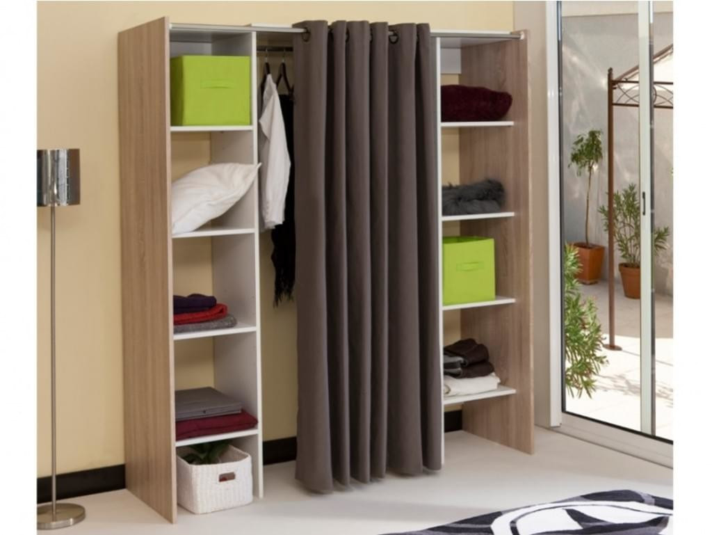 Symbiosis Dressing extensible 2 colonnes, blanc et chêne naturel, rideau taupe